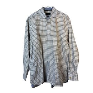 BOBBY JONES Mens L Dress Shirt Long Sleeve White Brown Blue Plaid Master Logo